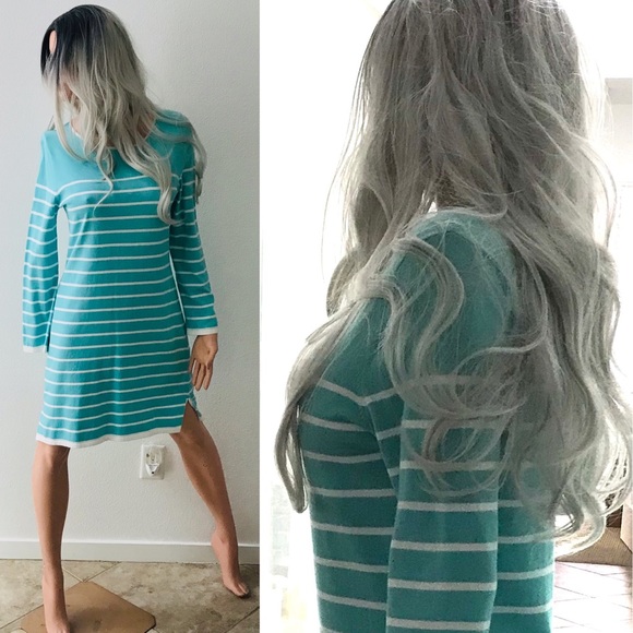 SALE! STS SAIL to SABLE Classic Aqua Striped Stretch Knit DRESS Medium - Picture 1 of 9